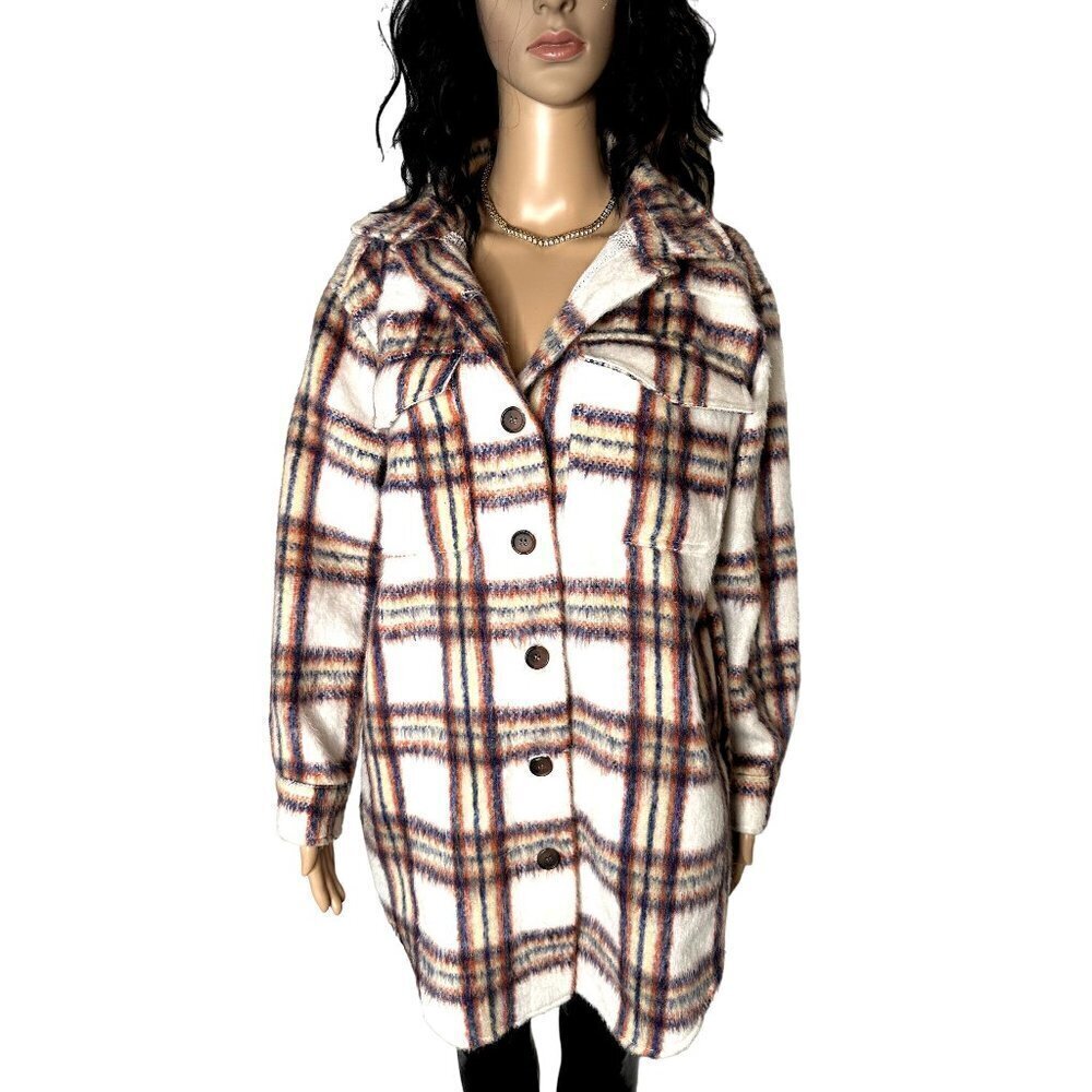 Maurices Plaid Toggle Longline Fuzzy Shacket Size Small